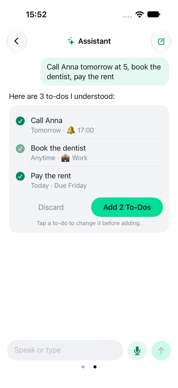 The assistant proposing three to-dos to add